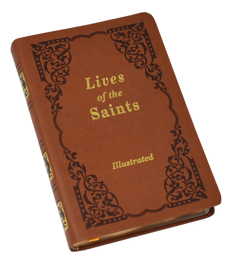 Brown book titled 'Lives of the Saints' with decorative cover on a white background