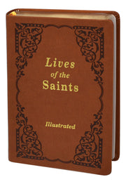 Brown book titled 'Lives of the Saints Illustrated' with decorative cover