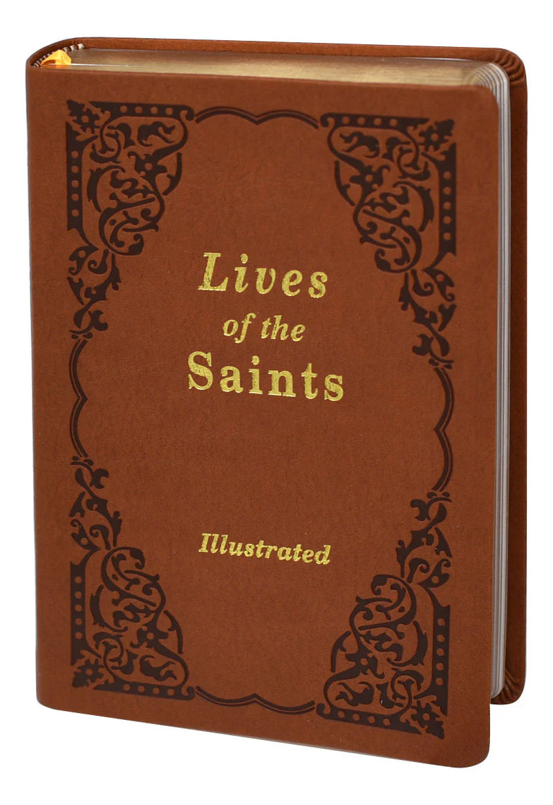 Brown book titled 'Lives of the Saints Illustrated' with decorative cover