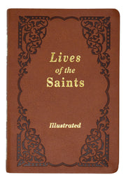 Brown book cover with gold text 'Lives of the Saints Illustrated' and decorative patterns