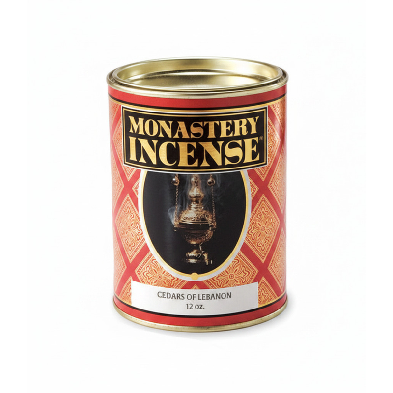 Monastery Incense canister with decorative label on a white background