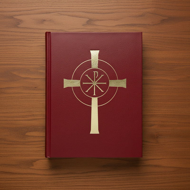 Red liturgical book with a gold cross on a wood background