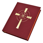 Red liturgical book with a gold cross on a white background