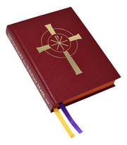 Red liturgical book with a gold cross on a white background