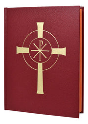 Red liturgical book with a gold cross on a white background