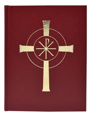 Red liturgical book with a gold cross on a white background
