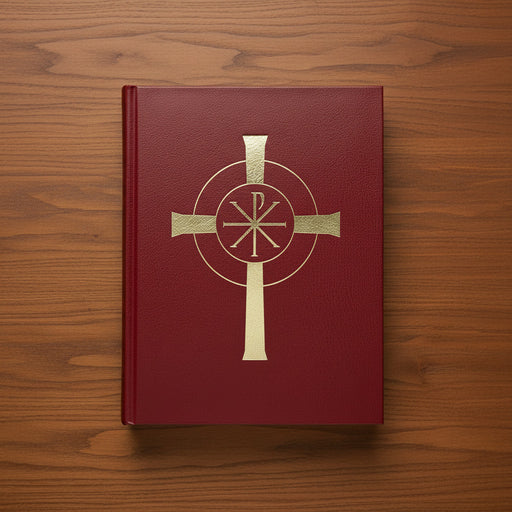 Red liturgical book with a gold cross on a wood background