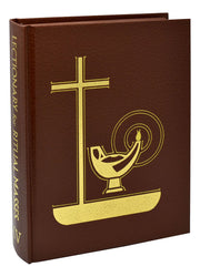 Brown book with gold cross and chalice design on a white background