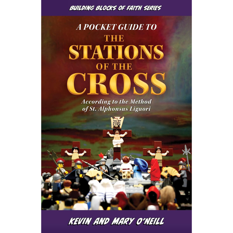Book cover of 'A Pocket Guide to the Stations of the Cross' with LEGO mini-figures and cross illustration.