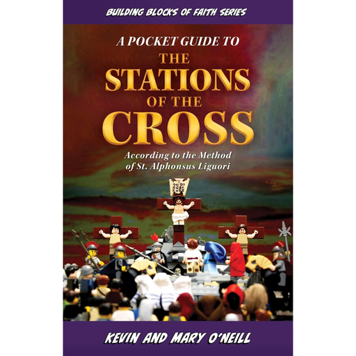 Book cover of 'A Pocket Guide to the Stations of the Cross' with LEGO mini-figures and cross illustration.