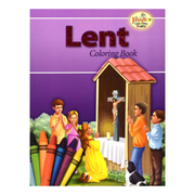 Coloring book cover titled 'Lent' with illustrations of children and a crucifixion scene on a purple background.
