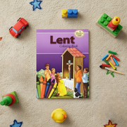 Lent coloring book surrounded by toys on a carpeted floor