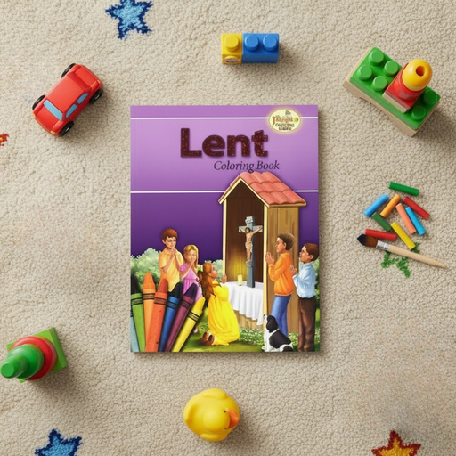 Lent coloring book surrounded by toys on a carpeted floor