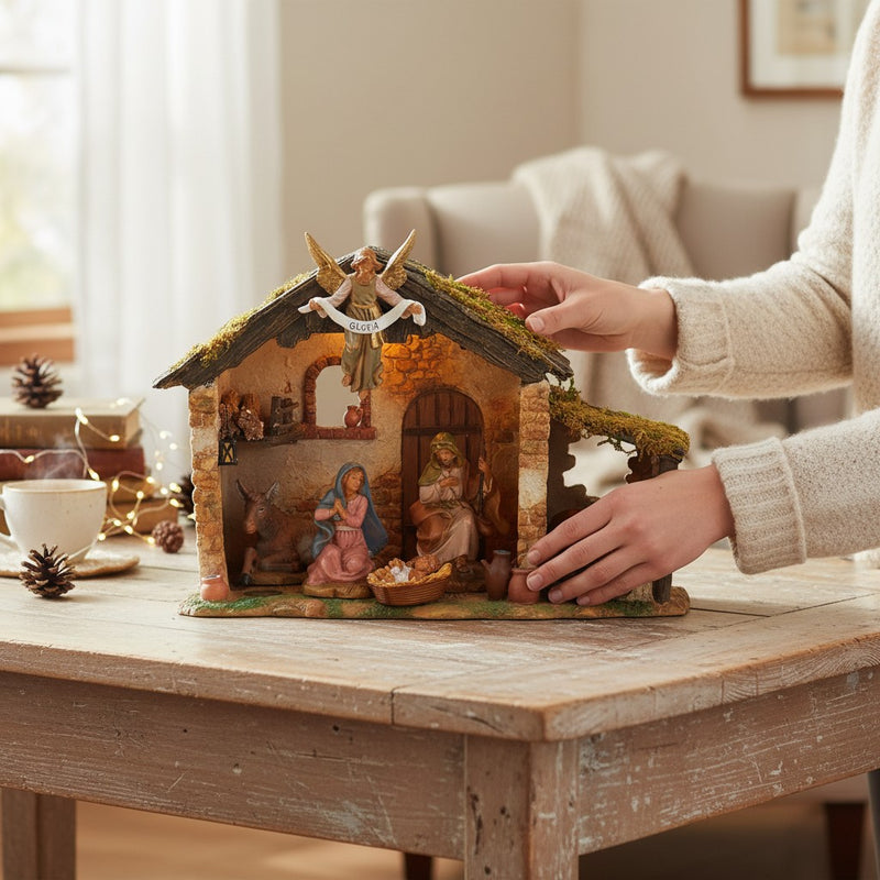 6 Figure Nativity Set with Lighted Resin Stable 5" Scale
