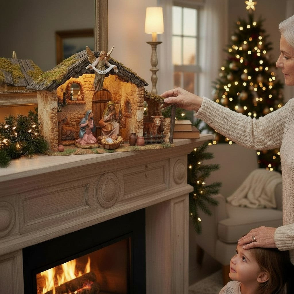 6 Figure Nativity Set with Lighted Resin Stable 5" Scale