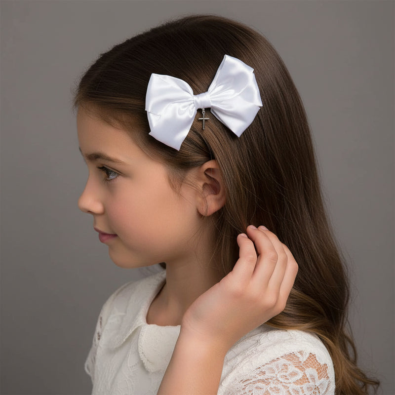 First Communion Hair Bow with Cross - White 4" Bow