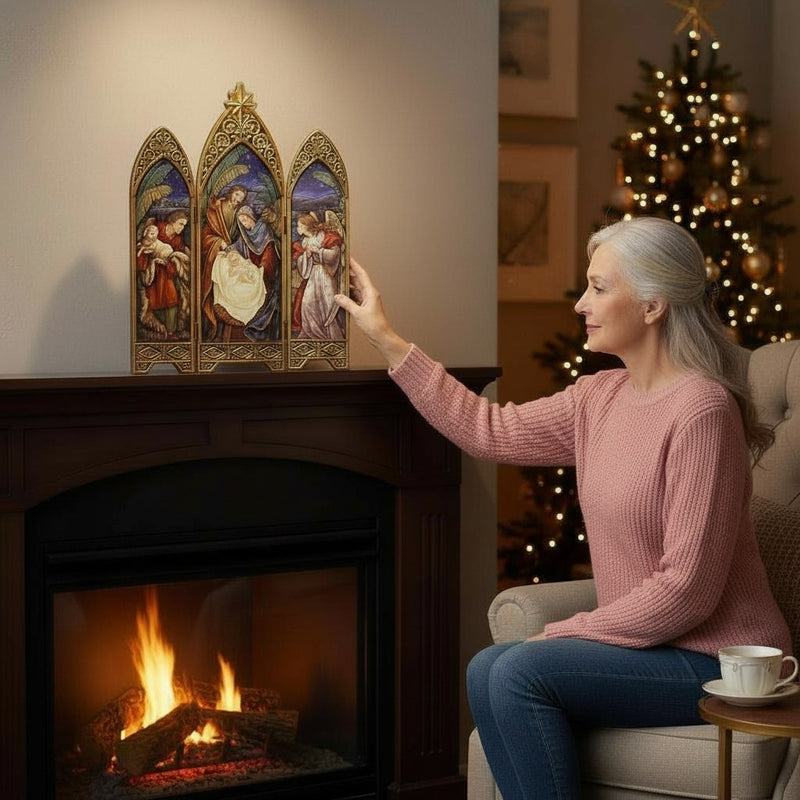 Nativity Triptych with Shepherd, Holy Family, and Angel 36.25"H