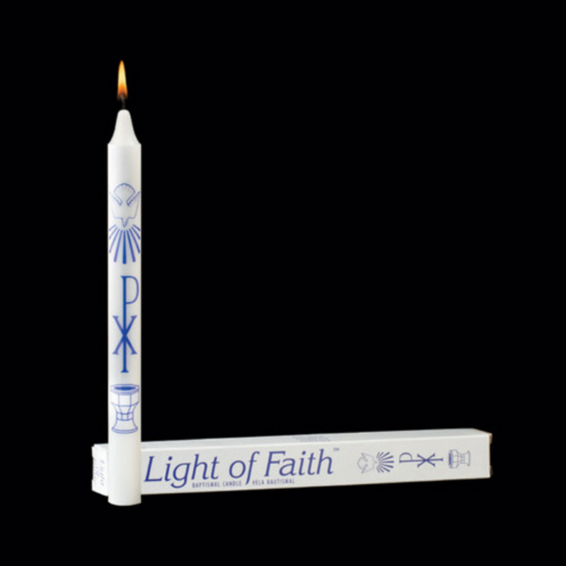 Candle with 'Light of Faith' branding on a black background
