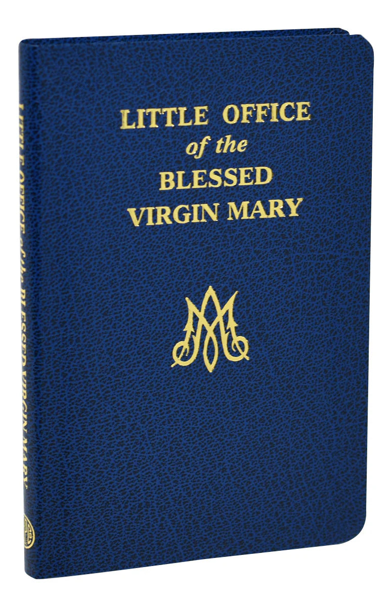 Blue book cover with 'Little Office of the Blessed Virgin Mary' text and logo on a white background