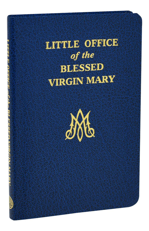 Blue book cover with 'Little Office of the Blessed Virgin Mary' text and logo on a white background