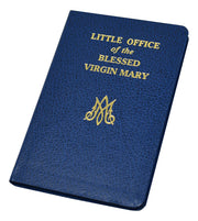 Blue book cover with 'Little Office of the Blessed Virgin Mary' text and logo on a white background