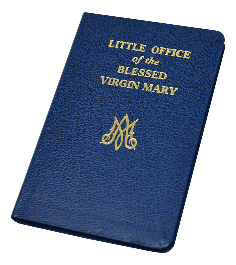 Blue book cover with 'Little Office of the Blessed Virgin Mary' text and logo on a white background