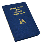 Blue book cover with 'Little Office of the Blessed Virgin Mary' text and logo on a white background