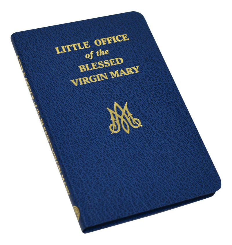 Blue book cover with 'Little Office of the Blessed Virgin Mary' text and logo on a white background