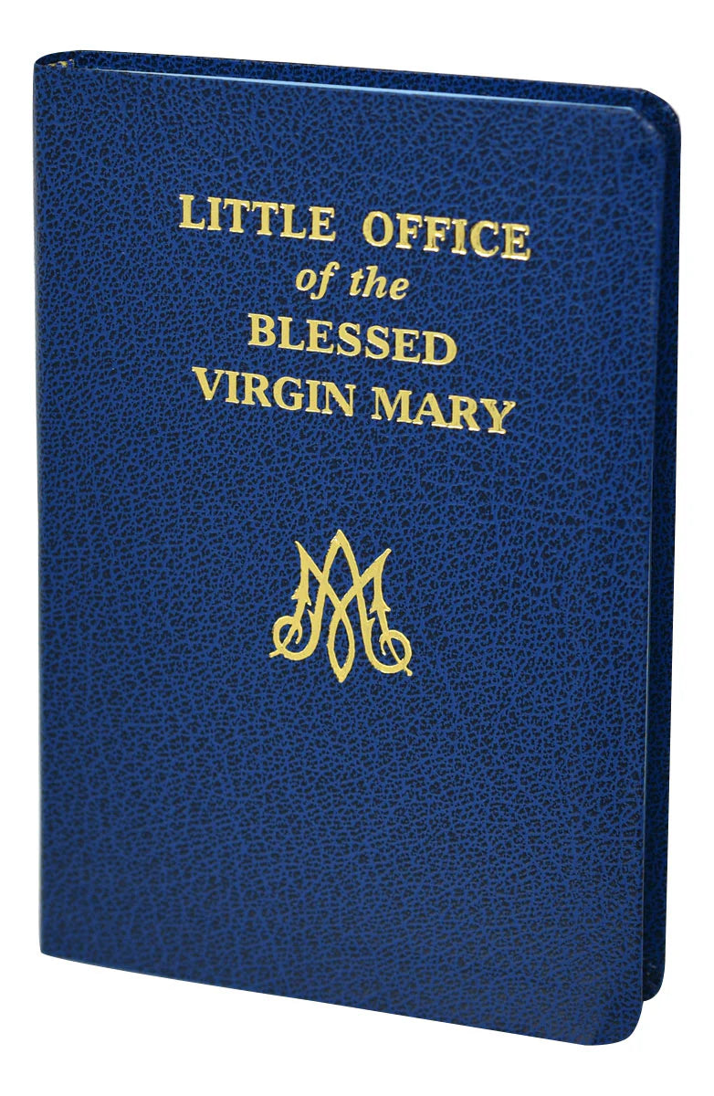 Blue book cover with 'Little Office of the Blessed Virgin Mary' text and logo on a white background