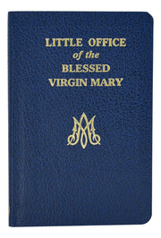 Blue book cover with 'Little Office of the Blessed Virgin Mary' text and logo on a white background