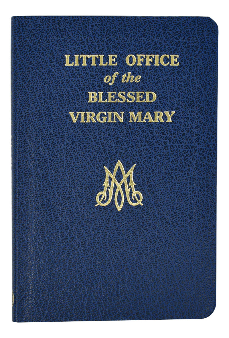 Blue book cover with 'Little Office of the Blessed Virgin Mary' text and logo on a white background