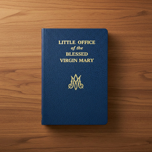 Blue book titled 'Little Office of the Blessed Virgin Mary' on a wooden surface