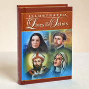 Book titled 'Illustrated Lives of the Saints' with illustrations on the cover