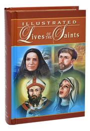 Book titled 'Illustrated Lives of the Saints' with images of four saints on the cover.