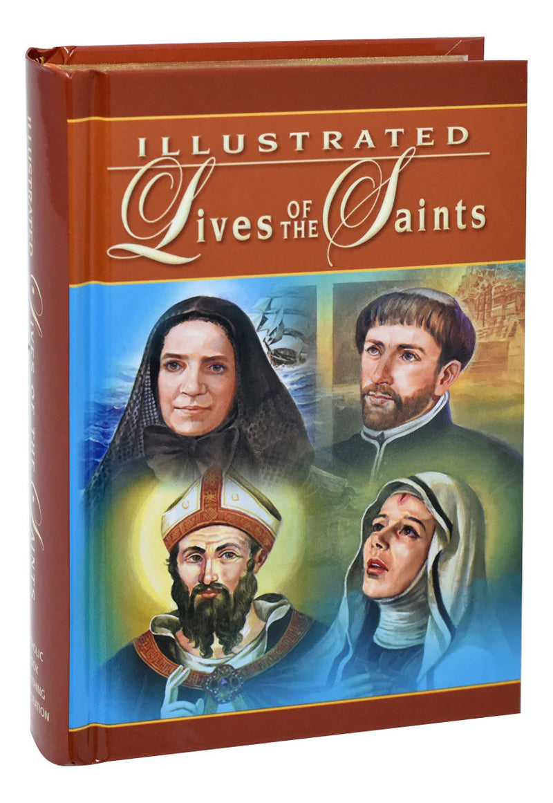 Book titled 'Illustrated Lives of the Saints' with images of four saints on the cover.