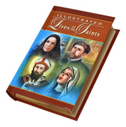 Book titled 'Illustrated Lives of the Saints' with portraits on the cover