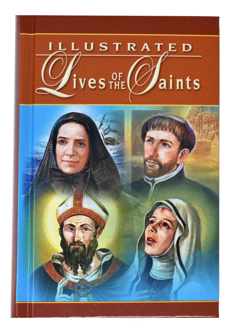 Book cover of 'Illustrated Lives of the Saints' with images of saints on a brown background