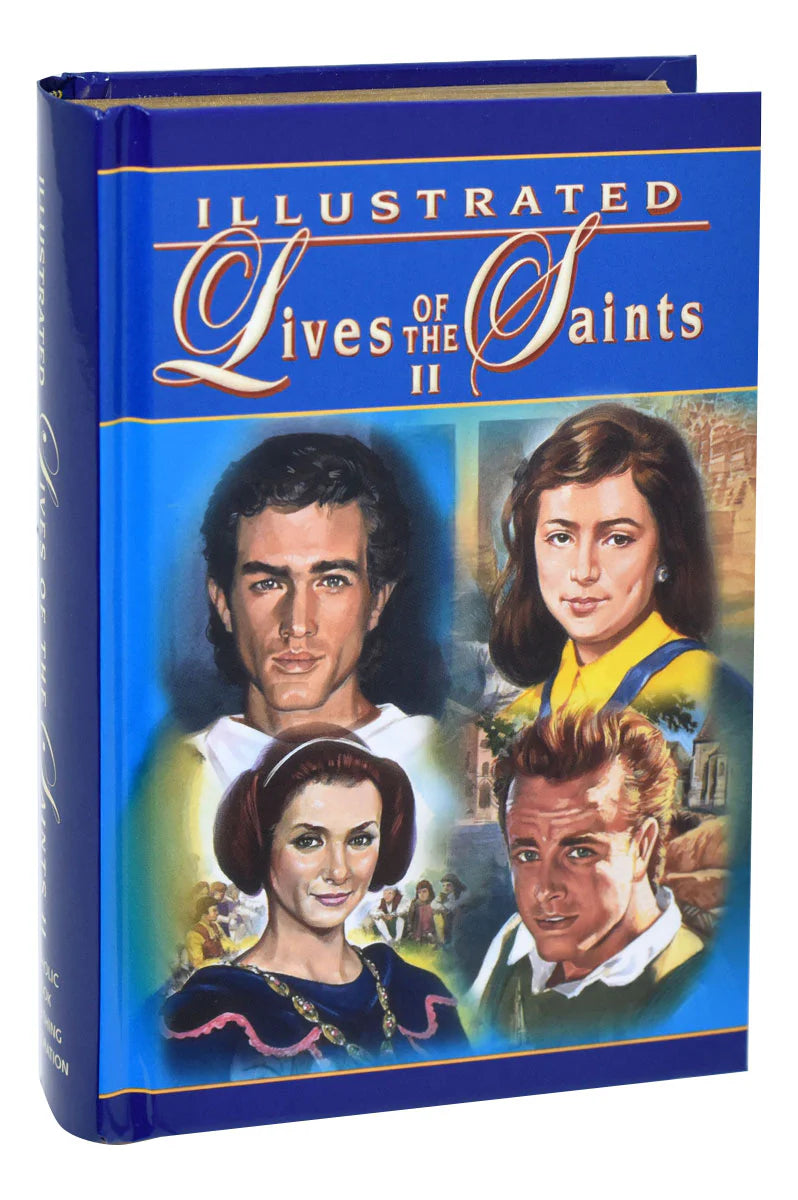 Book titled 'Illustrated Lives of the Saints II' with images of four people on a blue background