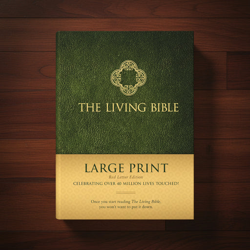 Green book titled 'The Living Bible' with gold text on a wooden surface