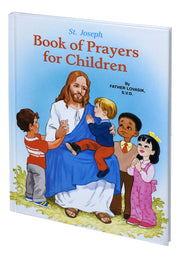 Book titled 'St. Joseph Book of Prayers for Children' with illustration of Jesus and children on cover
