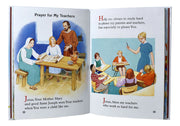 Open book showing illustrations and text about a prayer for teachers, with a focus on religious themes.