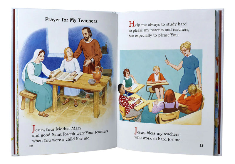 Open book showing illustrations and text about a prayer for teachers, with a focus on religious themes.