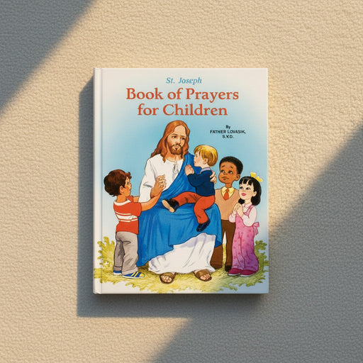 Book titled 'St. Joseph Book of Prayers for Children' on a beige rug