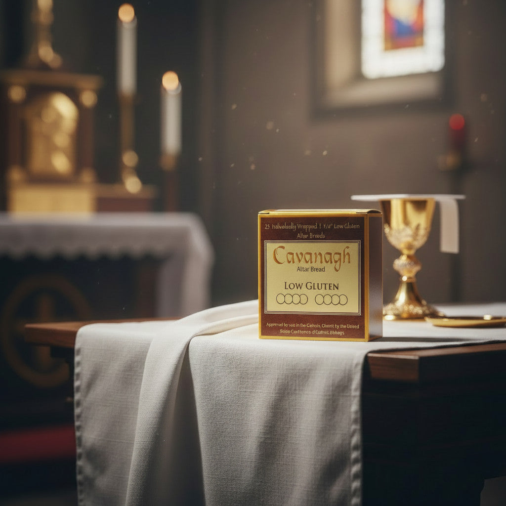 A small box of low gluten hosts rests on a church altar in dim lighting.