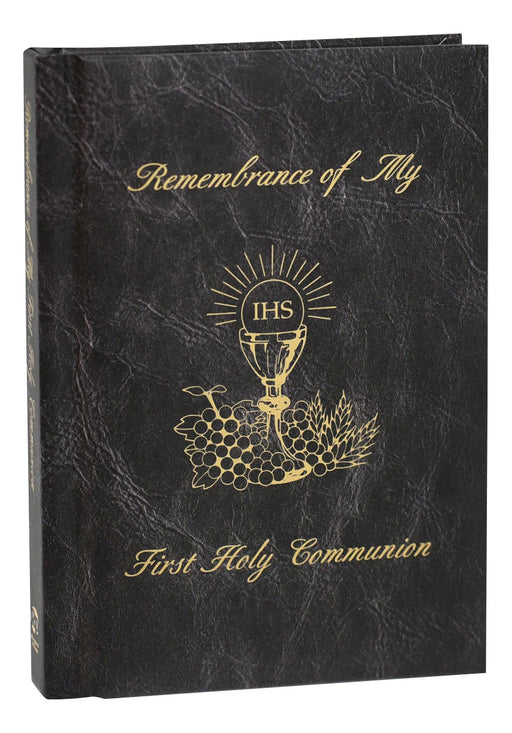 Black album with gold text and design for First Holy Communion
