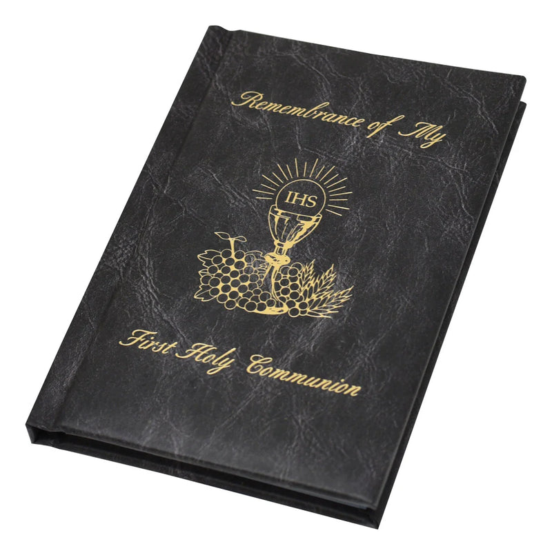 Black book with gold embossed design and text on a white background