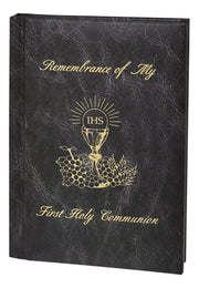 Black album with gold text and design, featuring 'Remembrance of My First Holy Communion'.