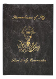 Black book cover with gold text and design, featuring 'Remembrance of My First Holy Communion'.