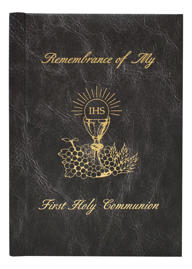 Black book cover with gold text and design, featuring 'Remembrance of My First Holy Communion'.