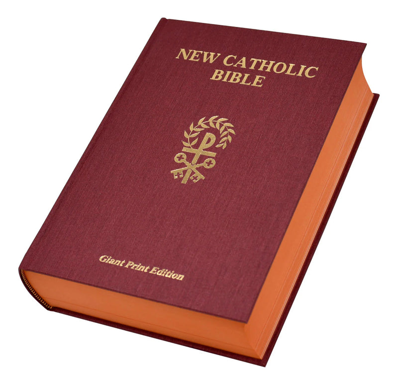 New Catholic Bible with maroon cover and gold text on a white background